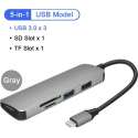 USB-C 5 in 1 Hub Adapter Type-C / 3x USB3.0 en SD/Micro SD Kaartlezer/ voor o.a. MacBook/Samsung Galaxy 9 in Kleur Space Gray