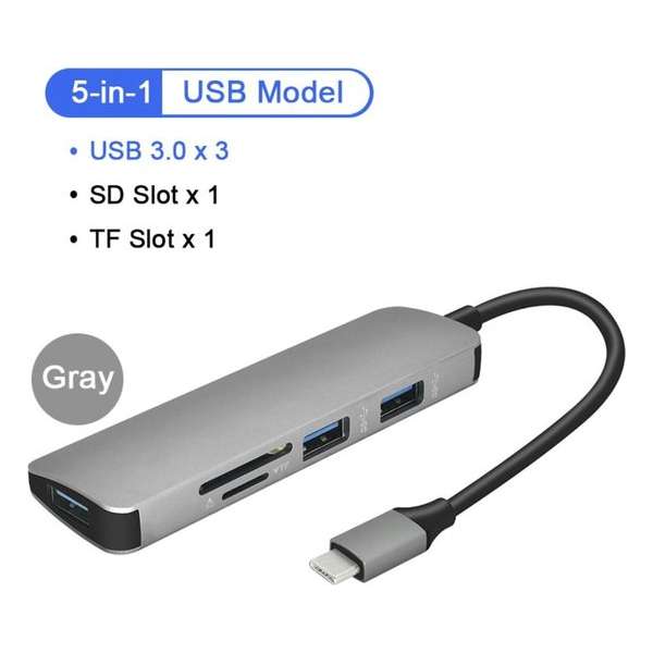 USB-C 5 in 1 Hub Adapter Type-C / 3x USB3.0 en SD/Micro SD Kaartlezer/ voor o.a. MacBook/Samsung Galaxy 9 in Kleur Space Gray