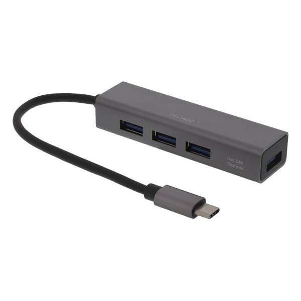 DELTACO USBC-HUB11 Mini USB-C hub 4 USB poorten - USB 3.1 Gen 1 (5Gbps) - Space Grey