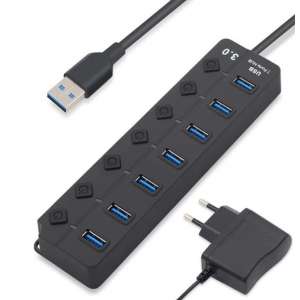 Krachtige USB 3.0 splitter hub met 7 USB 3.0 poorten, ieder met individuele schakelaars, LED indicatie en 5v voeding