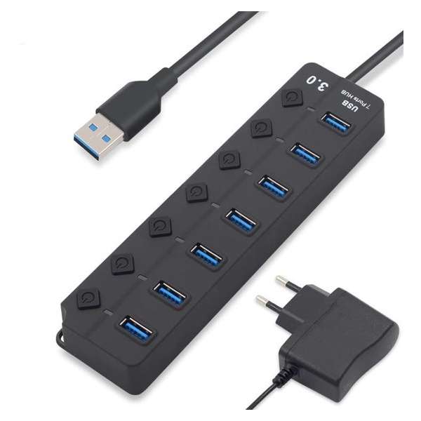 Krachtige USB 3.0 splitter hub met 7 USB 3.0 poorten, ieder met individuele schakelaars, LED indicatie en 5v voeding