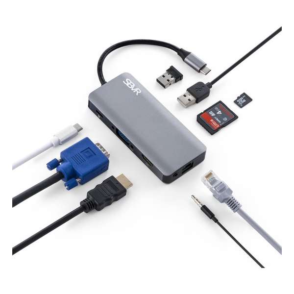 SBVR 9 in 1 USB Type - C Hub - Mulitport Adaparter 4K HMDI / Ethernet / VGA / USB 3.0 / Micro SD / SD / USB-C / Aux-ingang