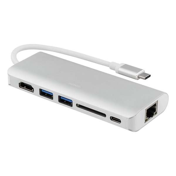 DELTACO USBC-1272 – USB-C Docking Station, HDMI, RJ45, USB 3.1, USB-C, SD kaart - aluminium, zilver