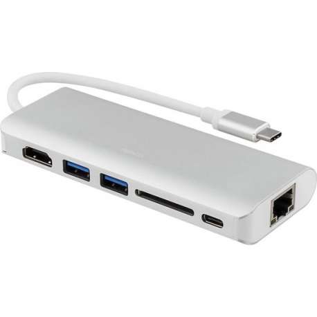 DELTACO USBC-1272 – USB-C Docking Station, HDMI, RJ45, USB 3.1, USB-C, SD kaart - aluminium, zilver