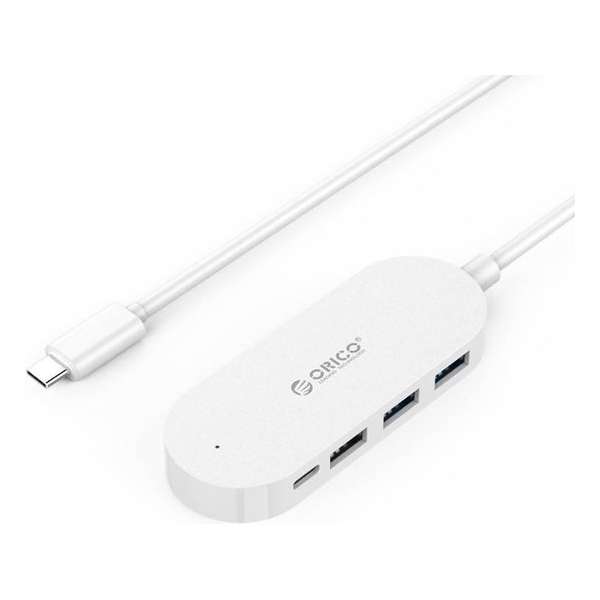 Type-C hub met 3 USB-A poorten en 1x USB-C poort - Geïntegreerde kabel van 30 cm - LED-indicator - Wit