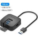 USB 3.0 Hub 4 poorten met Micro USB Telefoonhouder USB Splitter Adapter - 50cm Kabel - Zwart