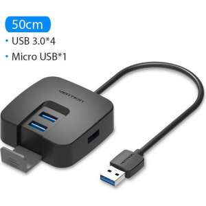 USB 3.0 Hub 4 poorten met Micro USB Telefoonhouder USB Splitter Adapter - 50cm Kabel - Zwart