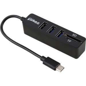 USB-C (Type-C 3.1) Male naar 3X USB Female Hub + SD en TF  geheugenkaartlezer Adapter|20CM | Zwart