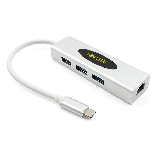 Ninzer® USB 3.1 USB-C naar 3.0 USB HUB + Gigabit Ethernet | Zilver