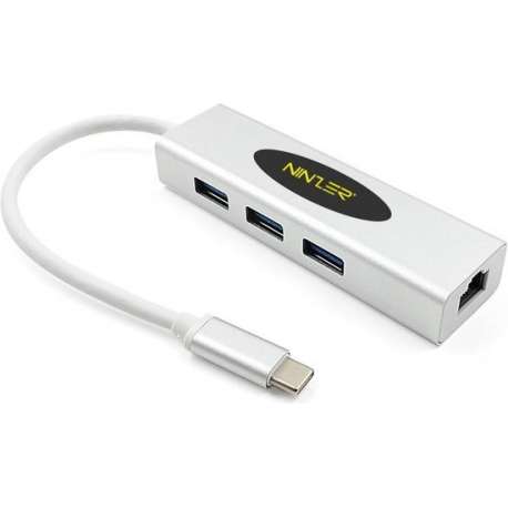 Ninzer® USB 3.1 USB-C naar 3.0 USB HUB + Gigabit Ethernet | Zilver