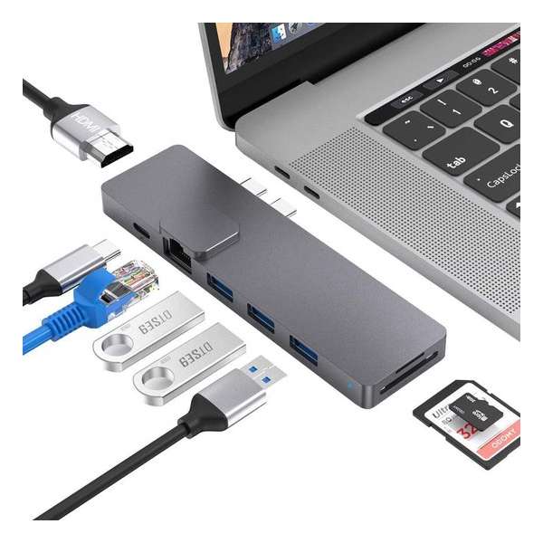 MacBook USB-C Adapter Hub 8 in 2 | Dockingstation | Ethernet / HDMI / USB C Thunderbolt 3 / USB A 3.0 / SD & TF