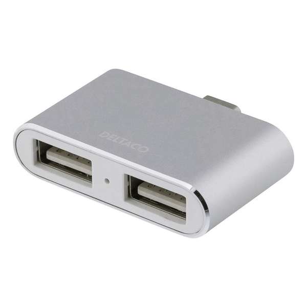 Deltaco USBC-HUB6 USB-C mini hub met 2 x USB 2.0 USB-A poorten met OTG aluminium Zilver