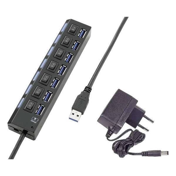 USB 3.0 hub 7 poorten Individueel schakelbaar, Met status-LED's, Met iPad-laadpoort Zwart