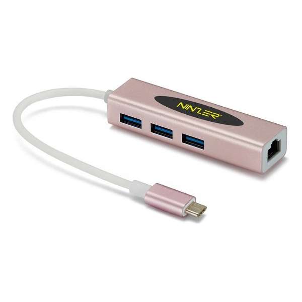 Ninzer® USB 3.1 USB-C naar 3.0 USB HUB + Gigabit Ethernet | Roze