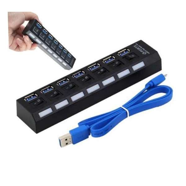 DrPhone Super Speed 7 Ports 2.0 USB hub Multi oplaadadapter met aan/uit knop en led verlichting Inclusief Garantie!