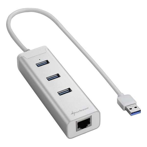 Sharkoon 3-Port USB 3.0 Aluminium Hub + RJ-45 Ethernet Adapter - Zilver