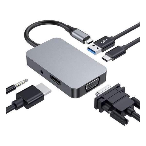 USB C Adapter Hub 5 in 1 | HDMI / VGA / USB-C 3.1 Power Delivery / USB-A 3.0 / Aux