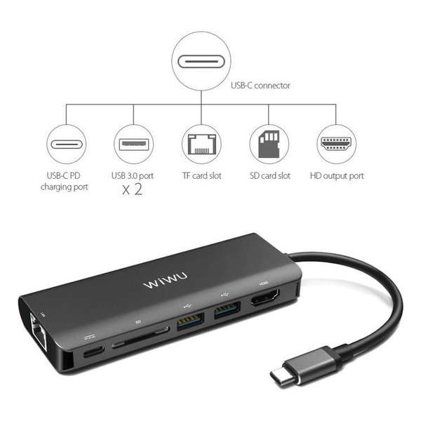 H1 Plus 6-in-1 Type C convertor Hub ( 1x LAN , 1x Type-C,  1x HDMI, 1x SD, 2x USB 3.0) - Grijs