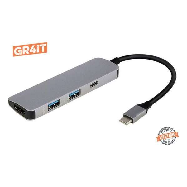 4 in 1 USB-C Hub - Type C HUB | (4K HDMI - 2x USB 3.0 / USB-C PD Opladen) - Space Gray Type C Adapter