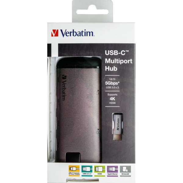 Verbatim USB-C multipoort Hub Gigabit Ethernet SD/microSD