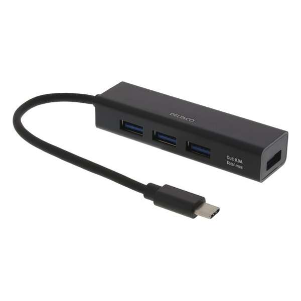 DELTACO USBC-HUB12 USB-C hub 4 USB poorten - USB 3.1 Gen 1 (5Gbps) - Zwart