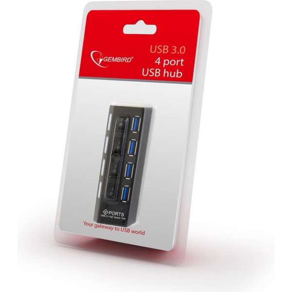 Gembird 4-poorts USB hub met aan/uit schakelaars en voeding - USB3.0 - 0,50 meter