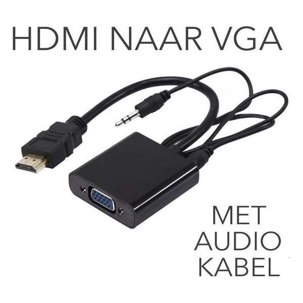 HDMI-naar-VGA-adapter met audiokabels. Ondersteunt resolutie tot 1920x1080. Zwart.