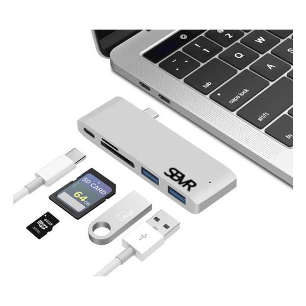 SBVR 5 IN 1 USB Type C Hub met USB-C Power - 2x USB 3.0 / 1x USB type-c / 1x SD / 1x micro - SD - Zilver