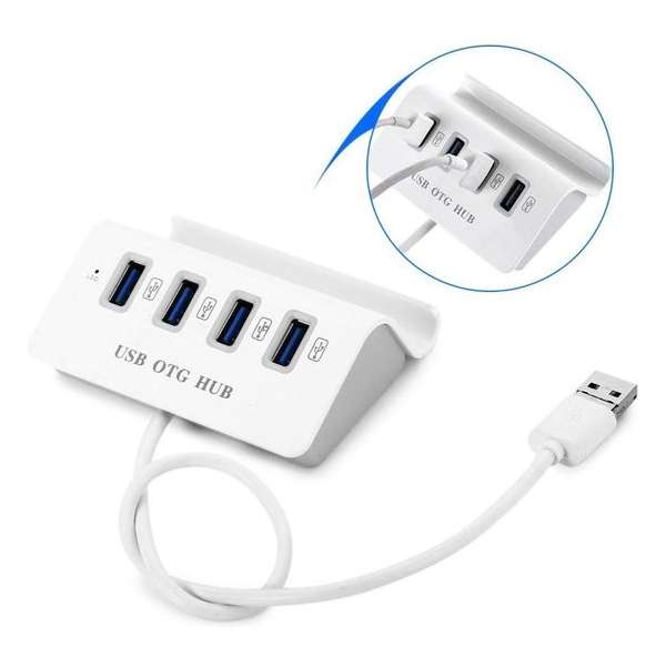 DrPhone 2 in 1 OTG - 4 USB 3.0 poorten – Micro USB Hub + Stand voor Smartphone - Laptop / Tablet / Computer Hub - Wit