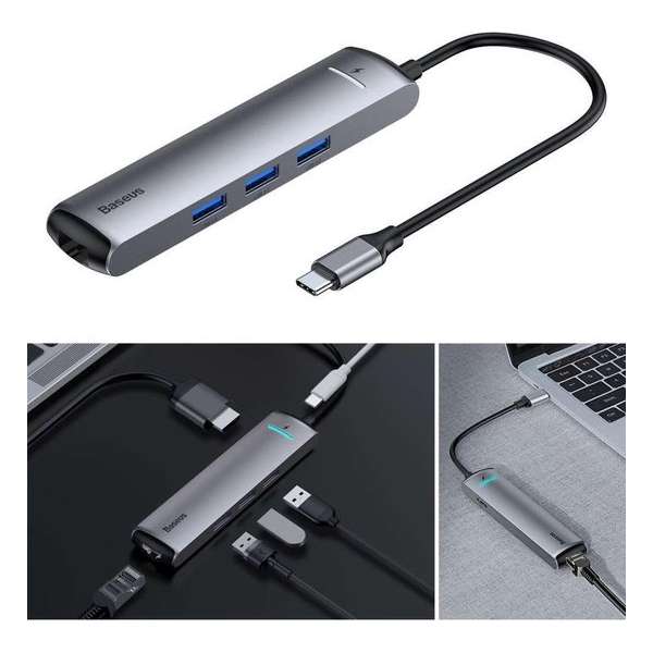 Baseus USB Hub 3 x USB 3.0 poorten + 1 x USB-C HDMI en LAN poort - Grijs