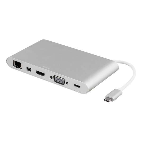 DELTACO USBC-1274 USB-C docking station, USB-C, HDMI, 3xUSB-A, 1xRJ45, SD-Kaart, Ultra HD in 30Hz, 0.1m kabel, zilver