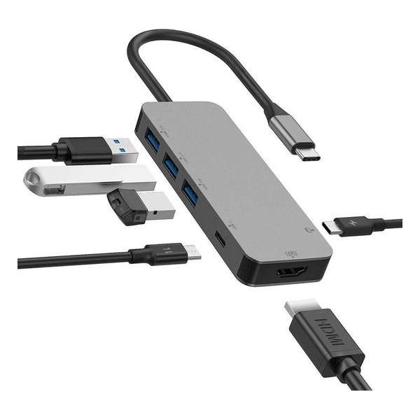 SBVR 6 in 1 USB C Adapter Hub | Incl. HDMI / 2* USB C / 3* USB A 3.0 | Voor MacBook / HP / Dell / ASUS / Lenovo