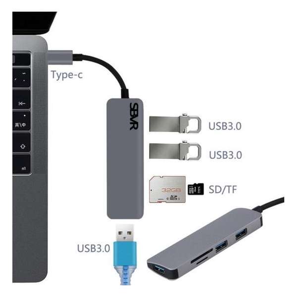 SBVR 5 in 1 Aluminium Type C Hub - 3x USB 3.0 / 1x SD TF Cardreader