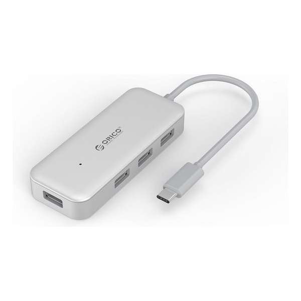 Orico - Type-C USB3.0 Hub met 4 Type-A Poorten - 5Gbps - VIA-Chip - Kabellengte 15cm - Zilver