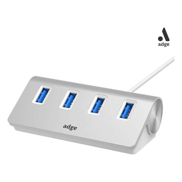 Adge® - 4 Ports Aluminium USB 3.0 High Speed Hub  - LED-indicator – Geschikt voor Windows, Linux en Mac OS - USB 3.0 - Zilver