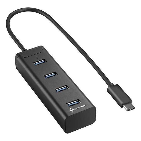 Sharkoon 4-Port USB 3.0 Aluminium Hub - USB 3.0 Type C - zwart