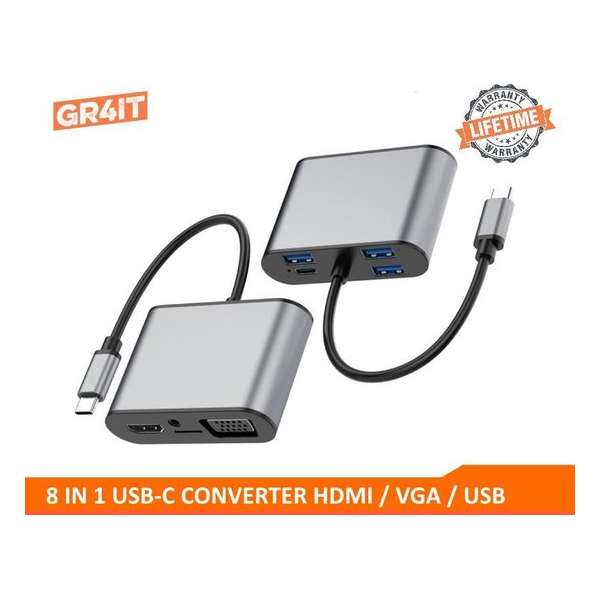 GR4IT - 8 in 1 USB C Converter - HDMI / VGA / USB / AUX /  PD / SD