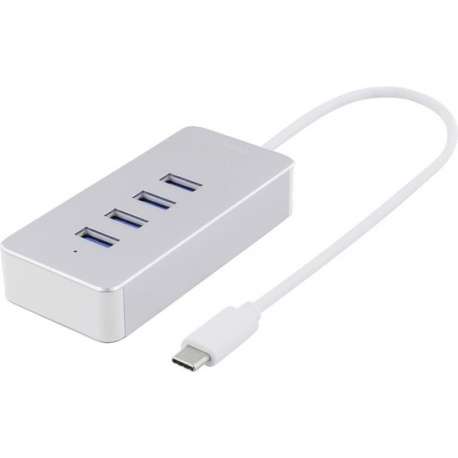 Deltaco USBC-HUB7 USB-C 4-poorts hub met 4 x USB 3.1 USB-A poorten Windwos macOS of chromeOS aluminium zilver