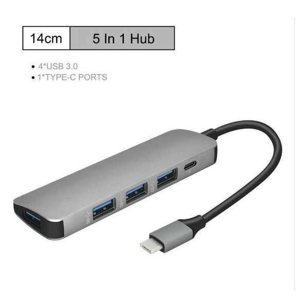 DrPhone TH1 USB-C HUB – Type C Adapter – 4x USB 3.0 poorten – 1X PD Powerdelivery Poort 60W