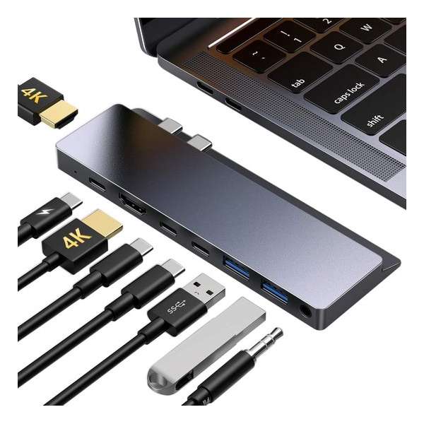 8 in 2 USB C Adapter hub voor MacBook Air / Pro 13" & 15" | Thunderbolt 3 / 2* HDMI 4K / 2* USB-C / 2* USB-A 3.0 / Aux