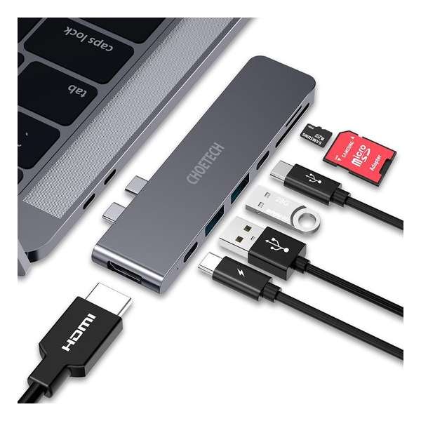 Choetech - Aansluitende USB-C 7-in-1 hub naar Thunderbolt 3 USB-C PD , USB 3.0, 4K HDMI en kaartlezer