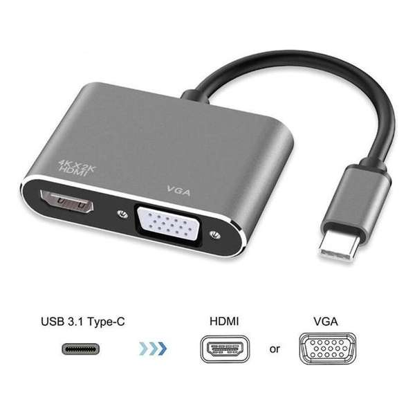 DrPhone CHX - 2 in 1 Adapter USB-C naar HDMI & VGA - 4k 3840*2160P / 30Hz - 2 Display Aansluiten - Space Grey