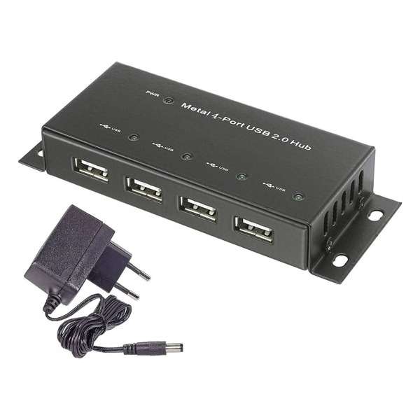 Renkforce 4 poorten USB 2.0 hub Met metalen behuizing, Voor wandmontage Zwart