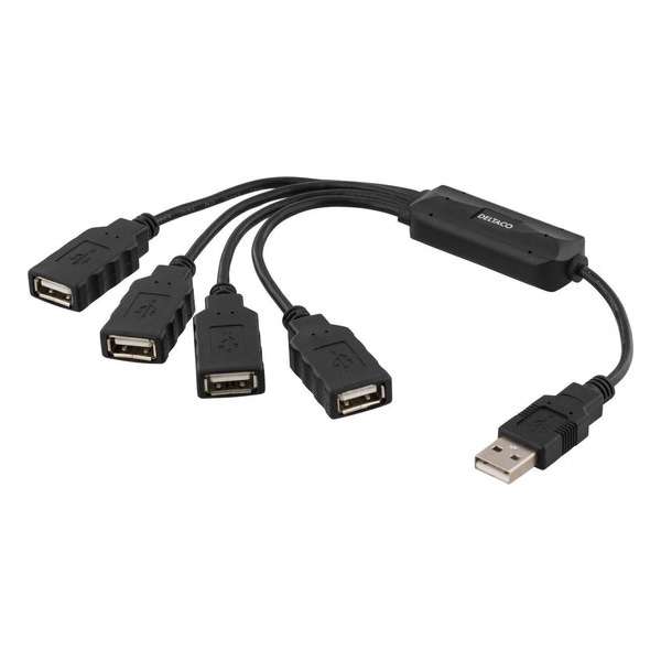 DELTACO UH-405, USB 2.0 hub in kabelvorm, 4x USB Type A, 0,15 m, zwart