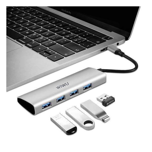 WiWu Alpha 4 in 1 adapter - Type C naar 4x USB 3.0 - USB-C Data Hub - Aluminium - Grijs