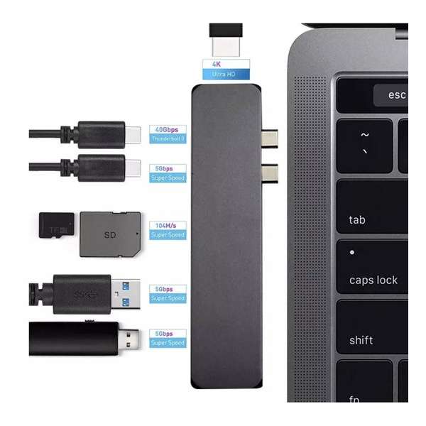 USB C Adapter Hub MacBook - 4K HDMI - (Micro)SD Kaart - 5K USB C - USB 3.1 - Grijs - ClickHub