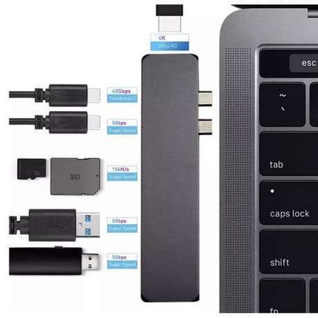 USB C Adapter Hub MacBook - 4K HDMI - (Micro)SD Kaart - 5K USB C - USB 3.1 - Grijs - ClickHub