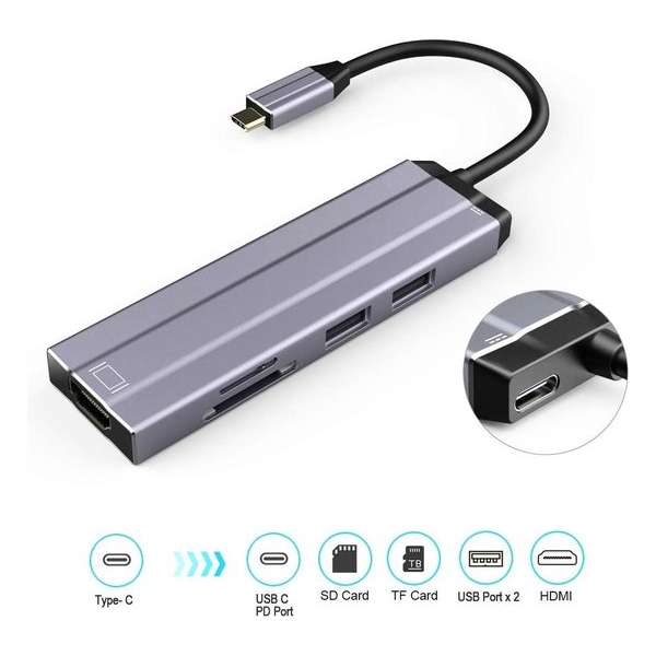 DrPhone 6 in 1 Aluminium USB C Hub Type C 3.1 HDMI 4K UHD 30HZ + USB 3.0 / 2.0 + Charge PD Type C + Micro SD-kaartlezer