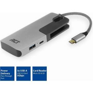 ACT AC7052 3-Poorts USB-C 3.2 Gen1 (USB 3.0) Hub met kaartlezer en PD poort