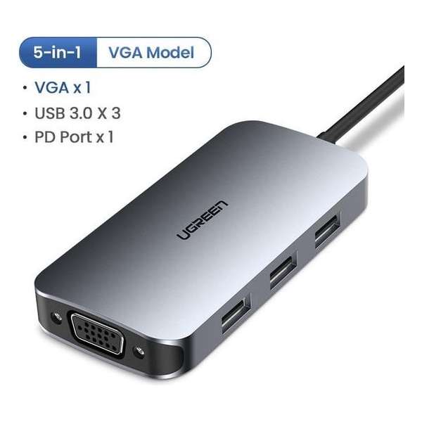 USB-C adapter voor MacBook (Thunderbolt 3) met  VGA, USB en USB-C PD voor elke situatie - 5 in 1 USB-C Adapter Pro - Ugreen